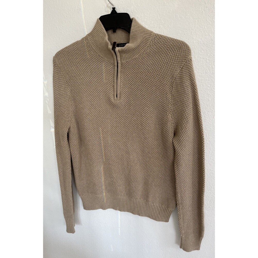 J. Crew Waffle Garter Knit 1/4 Zip Pullover Sweater 100% Cotton Mens Medium Tan